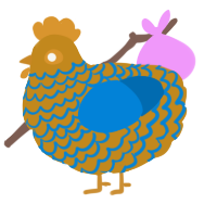A ochre and sapphire chicken with a lace pattern