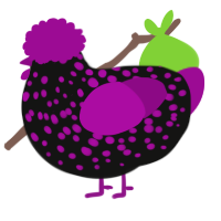 A black and plum chicken with a speckle pattern
