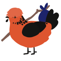 A vermilion and black chicken with a neck-speckle pattern