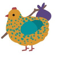 A orange and teal chicken with a speckle pattern