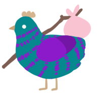 A teal and violet chicken with a bar pattern
