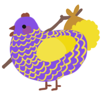 A blurple and yellow chicken with a lace pattern