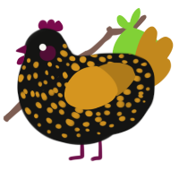 A black and ochre chicken with a speckle pattern