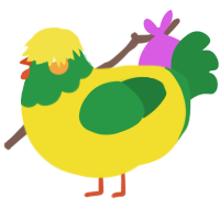 A yellow and viridian chicken with a head pattern