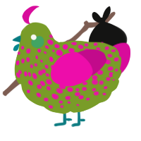 A chartreuse and fuchsia chicken with a speckle pattern