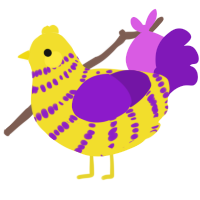 A yellow and violet chicken with a bar pattern