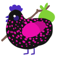 A black and fuchsia chicken with a speckle pattern