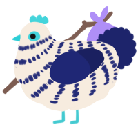 A cream and navy chicken with a bar pattern