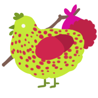 A lime and crimson chicken with a speckle pattern