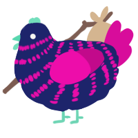 A navy and fuchsia chicken with a bar pattern