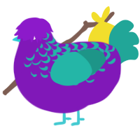 A violet and turquoise chicken with a half-lace pattern