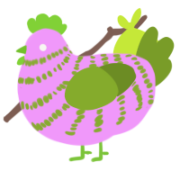 A lavender and chartreuse chicken with a bar pattern