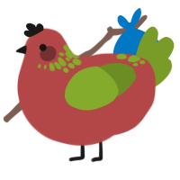 A red and chartreuse chicken with a neck-speckle pattern