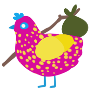A fuchsia and yellow chicken with a speckle pattern