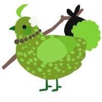 A chartreuse and grass chicken with a speckle pattern