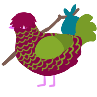 A maroon and chartreuse chicken with a lace pattern