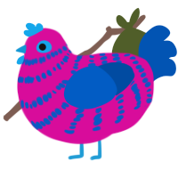 A fuchsia and ultramarine chicken with a bar pattern