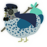 A pink and ultramarine chicken with a speckle pattern