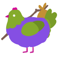 A blurple and chartreuse chicken with a head pattern