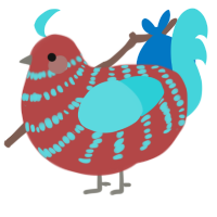 A red and aqua chicken with a bar pattern