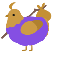A blurple and gold chicken with a head pattern