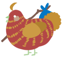 A red and gold chicken with a bar pattern
