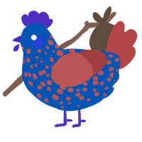 A ultramarine and red chicken with a speckle pattern