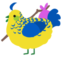 A yellow and ultramarine chicken with a half-lace pattern