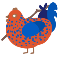 A vermilion and ultramarine chicken with a speckle pattern