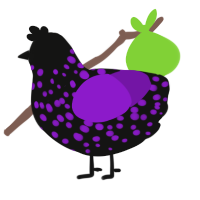 A black and violet chicken with a speckle pattern