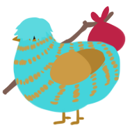 A aqua and gold chicken with a bar pattern