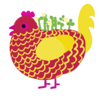 fish, a crimson and yellow chicken with a lace pattern