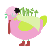 Zhen, a pink and lime chicken with a neck-speckle pattern