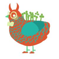 SIRACHA, a vermilion and turquoise chicken with a lace pattern