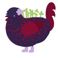 tea, a navy and maroon chicken with a speckle pattern