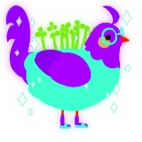 shiny, a mint and violet chicken with a head pattern