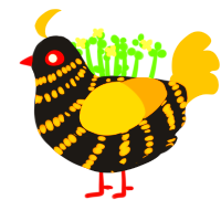 Brae, a sable and gold chicken with a bar pattern