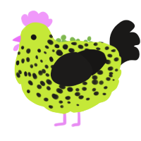 slime mold, a lime and sable chicken with a speckle pattern