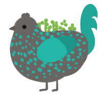 Dense Crystal, a grey and turquoise chicken with a speckle pattern