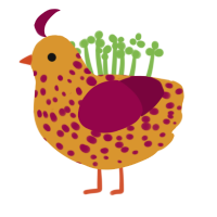 Jellabelle, a orange and maroon chicken with a speckle pattern