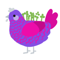 Fruit Juice, a blurple and fuchsia chicken with a lace pattern