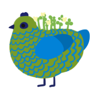Rainwing, a chartreuse and sapphire chicken with a lace pattern