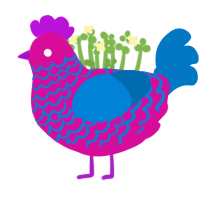 TV chook, a fuchsia and sapphire chicken with a lace pattern