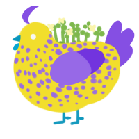 Spot, a yellow and blurple chicken with a speckle pattern