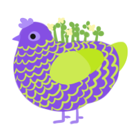 BUG, a blurple and lime chicken with a lace pattern