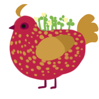 Ran, a crimson and gold chicken with a speckle pattern