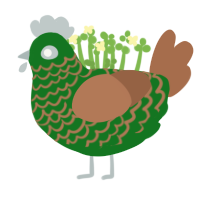 Lawnmower, a leaf and brown chicken with a lace pattern