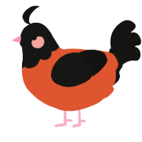 A vermilion and black chicken with a head pattern