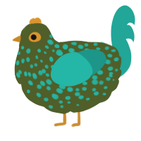 A olive and turquoise chicken with a speckle pattern