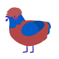 A red and ultramarine chicken with a head pattern
